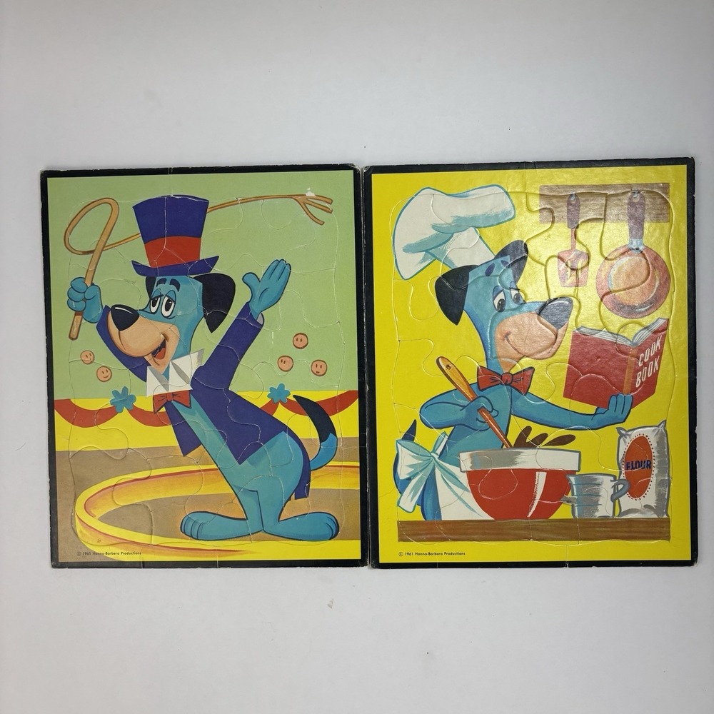2 VTG 1961 Hanna-Barbera Productions Huckleberry Hound Tray Puzzles Cardboard